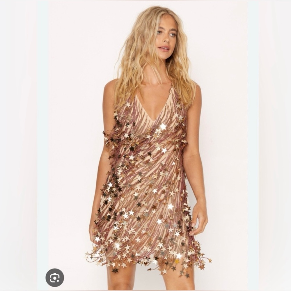 Nasty Gal Beaded Gold Star Tassel Plunge Mini Dress